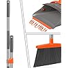 Broom and Dustpan Set for Home, Broom and Dustpan Combo for Office, Long Handle Broom with Upright Standing Dust pan,Indoor&Outdoor Sweeping (Gray&Orange)
