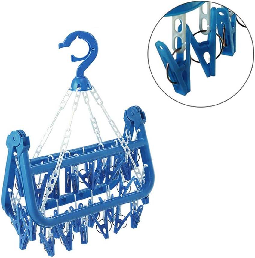 Single-Tier Foldable Plastic Metal Hanger with 32 Clips for Home Use-Clothes Drying Rack for Storage of Dresses Underwear Socks