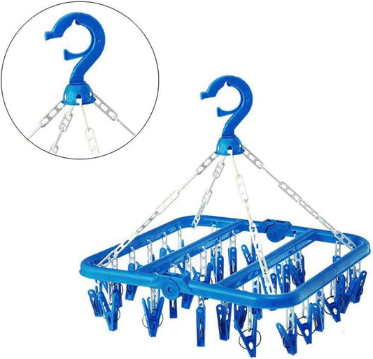 Single-Tier Foldable Plastic Metal Hanger with 32 Clips for Home Use-Clothes Drying Rack for Storage of Dresses Underwear Socks