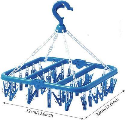 Single-Tier Foldable Plastic Metal Hanger with 32 Clips for Home Use-Clothes Drying Rack for Storage of Dresses Underwear Socks