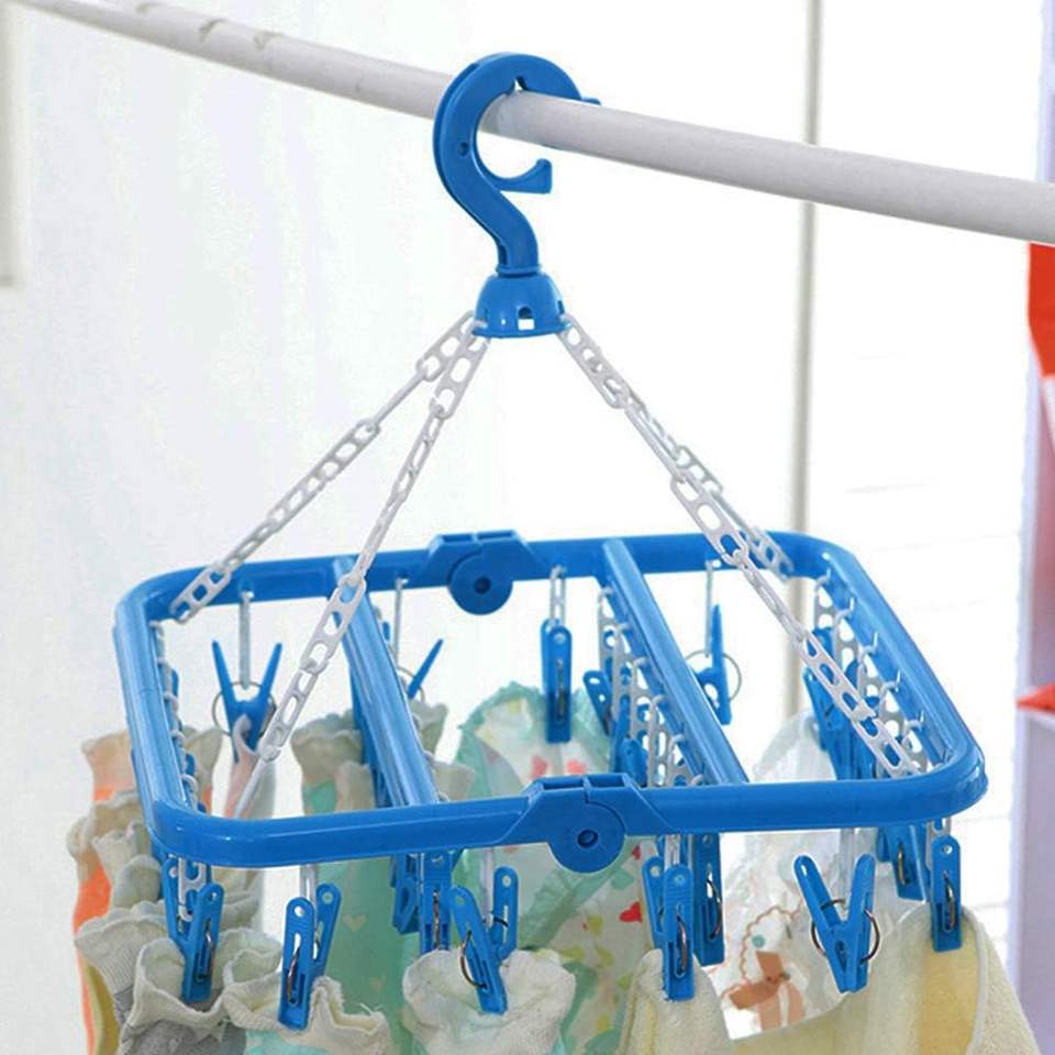 Single-Tier Foldable Plastic Metal Hanger with 32 Clips for Home Use-Clothes Drying Rack for Storage of Dresses Underwear Socks