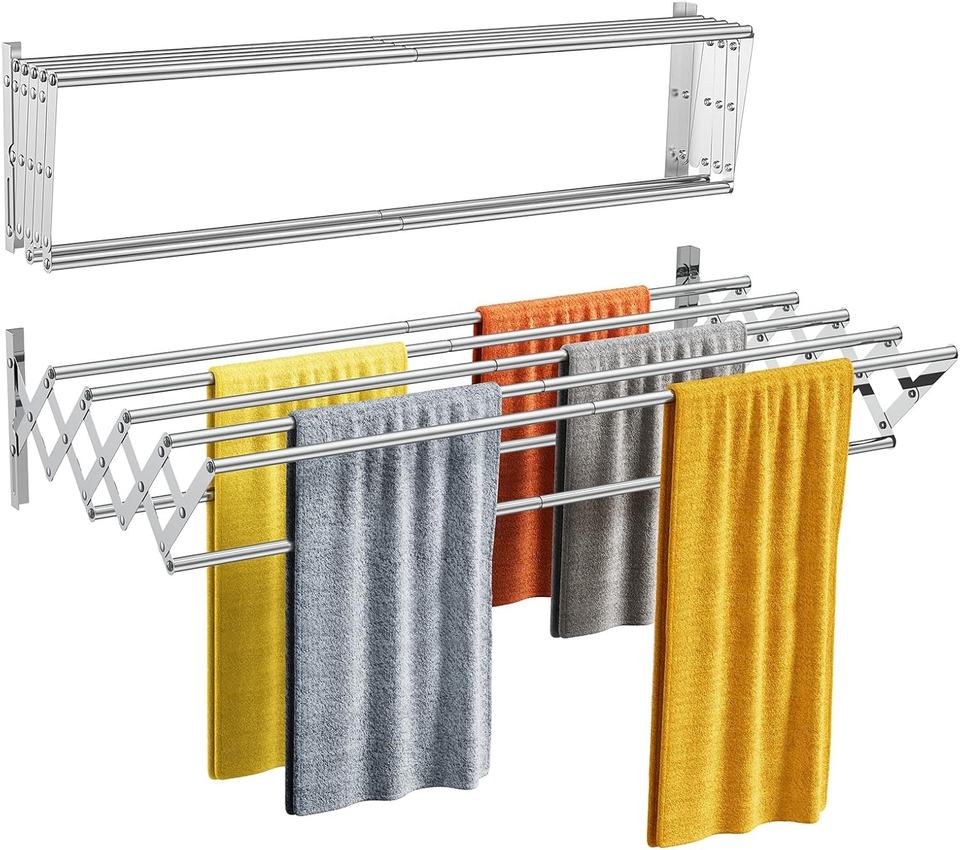 80cm 7 Rods Extendable Foldable Stainless Steel Wall-mounted Towel Rack Drying Rack for Bathroom Balcony Indoor Outdoor