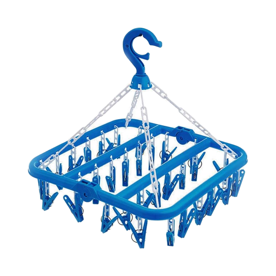 Single-Tier Foldable Plastic Metal Hanger with 32 Clips for Home Use-Clothes Drying Rack for Storage of Dresses Underwear Socks