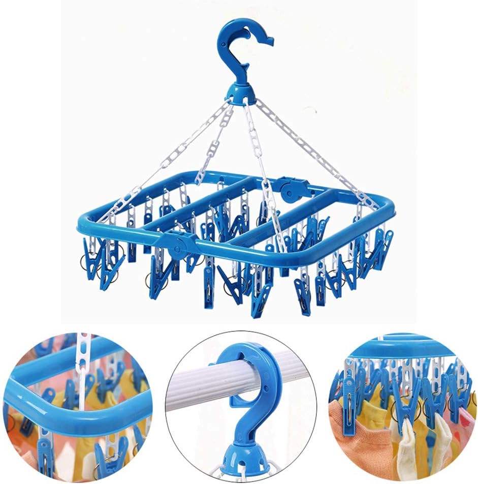 Single-Tier Foldable Plastic Metal Hanger with 32 Clips for Home Use-Clothes Drying Rack for Storage of Dresses Underwear Socks
