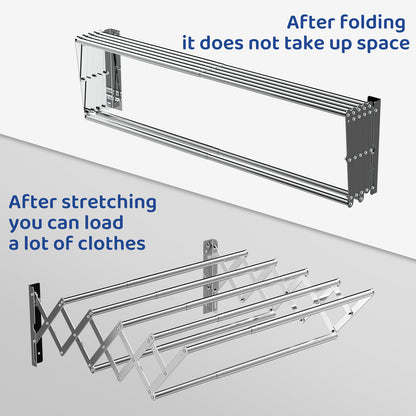 80cm 7 Rods Extendable Foldable Stainless Steel Wall-mounted Towel Rack Drying Rack for Bathroom Balcony Indoor Outdoor